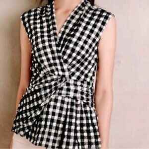 Anthro Deletta Delphine Black White Buffalo Plaid Top Faux Wrap Peplum